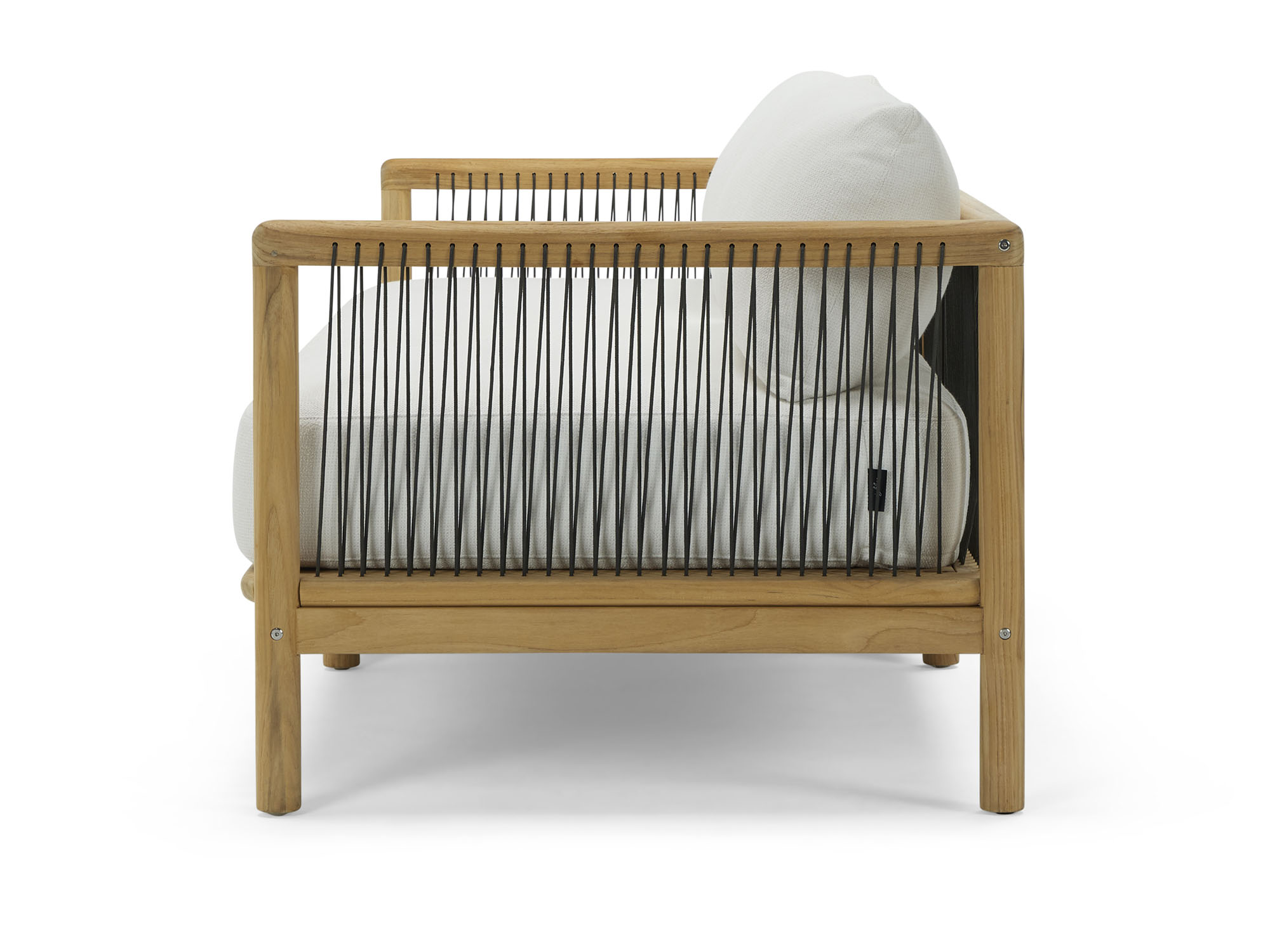 Side view of two seat outdoor sofa with white cushions